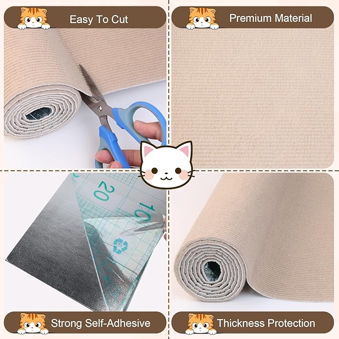 Cat Scratch Furniture Protector, 78.7"x15.8" Cat Scratching Mat, Trimmable Self-Adhesive Cats Claws Scratch Pads, DIY Carpet Mat Replacement for Cats Tree, Cats Wall Shelves, Khaki