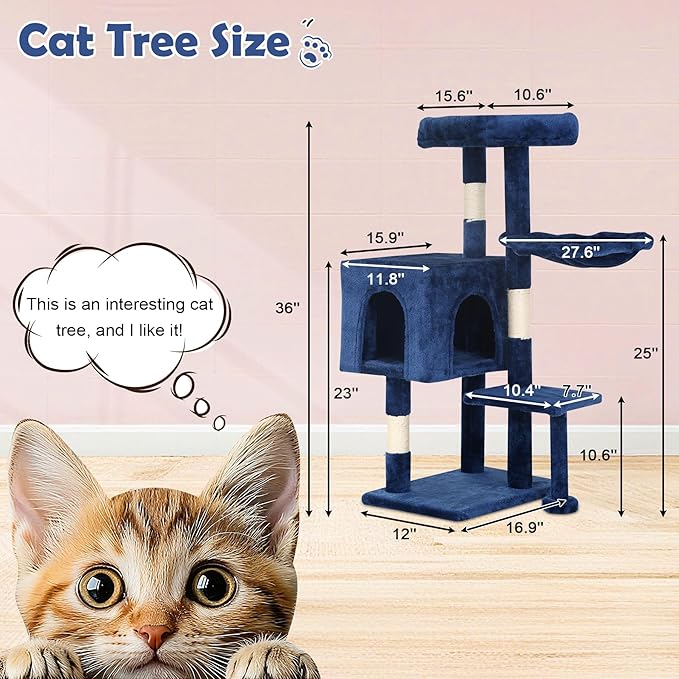 BLKMTY 36" Cat Tree Tall Cat Tower for Indoor Cats Condo Climber with Scratching Post, Climbing Stand, Plush Top Perch and Mouse Toy Cats Playhouse Kitty Activity Trees with Hammock, Navy Blue