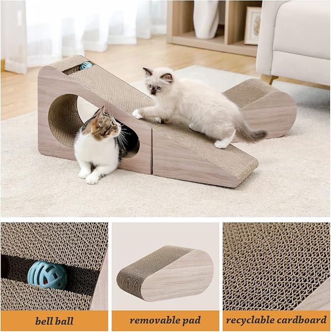 PAWZ Road Cat Scratcher, Triangle Cardboard Cat Scratcher 28.3” Large Scratch Pad 2 in 1 Cat Tunnel Scratcher with Interactive Toy Balls for Indoor Cats