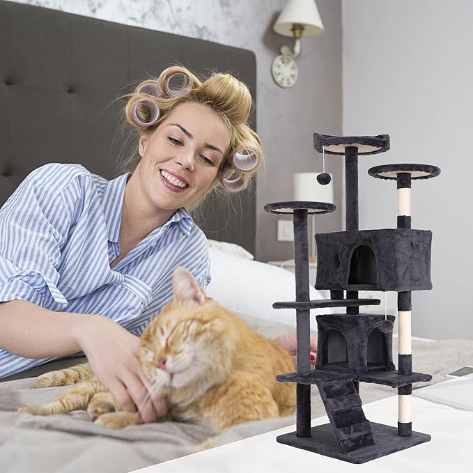 54 Inch Tall Cat Tree Tower - Multi-Level Cat Condo with Scratching Post, Toys & Rest Area, Light Grey