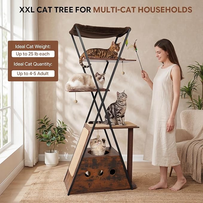 71" Modern Wood Cat Tree for Large Cats - Heavy Duty Tall Cat Tower for Indoor Cats, Multi-Level Cat Furniture with Spacious Condo, Large Perch, Scratching Posts & Hammock (Burnt Wood)
