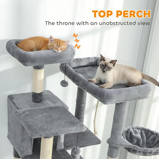 68" Tall Cat Tree Multi-Level Cat Tower for Indoor Cats with Cat Condo, Hanging Basket, Sisal Scratching Posts, Plush Balls and Hammock for Small Large Cats (Dark Gray)
