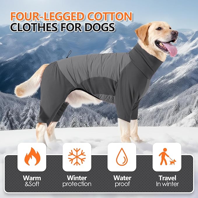 Fleece Dog Coats for Medium Dogs, Warm Waterproof Dog Coat Winter, Fullbody Clothes Jumpsuit, Cold Weather Coat Pajamas, Four-Legged Snowsuit with Leash Hole, M Grey