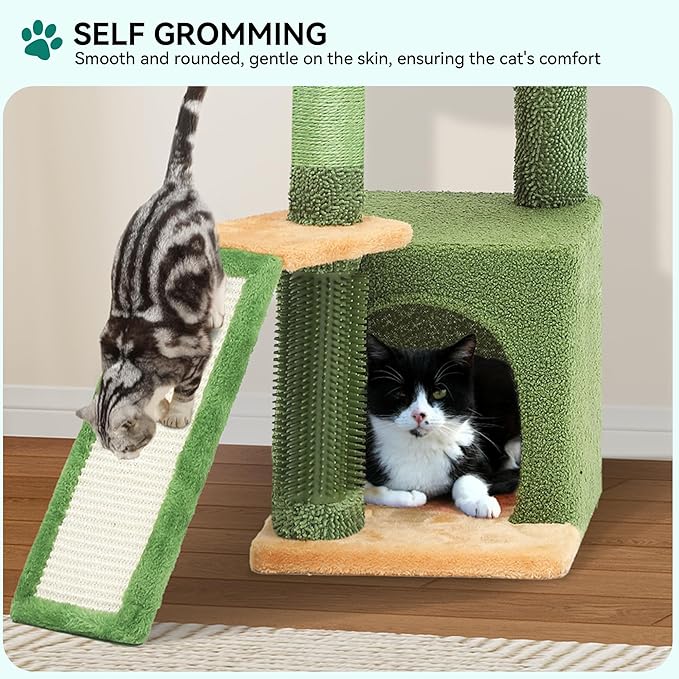 YITAHOME 37in Tall Cactus Cat Tree Tower with Self-Grooming Brush, Cute Cat Climbing Tower for Indoor Cats with Cat Condo, Plush Platform, Hammock, Sisal Scratching Posts, Dangling Ball
