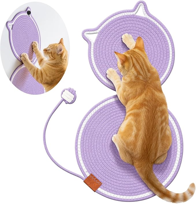 25.6 Inch Large Scratching Mat for Indoor Cats Natural Cotton Rope Flat Scratcher with Ear Hooks and Ball Toy Cat Scratch Rug Pad for Wall, Couch, Carpets, Sofas (Purple)