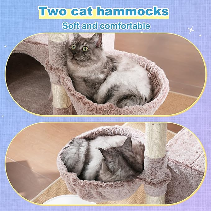 Hey-brother Cat Tree Tower, Scratching Posts with Extra Large Platform and Basket, Specious Condo, 2 Cozy Hammocks, Scratch Board for Indoor Adult Cats, Maine Coon 71.7 inches, Muchroom MPJ080MU