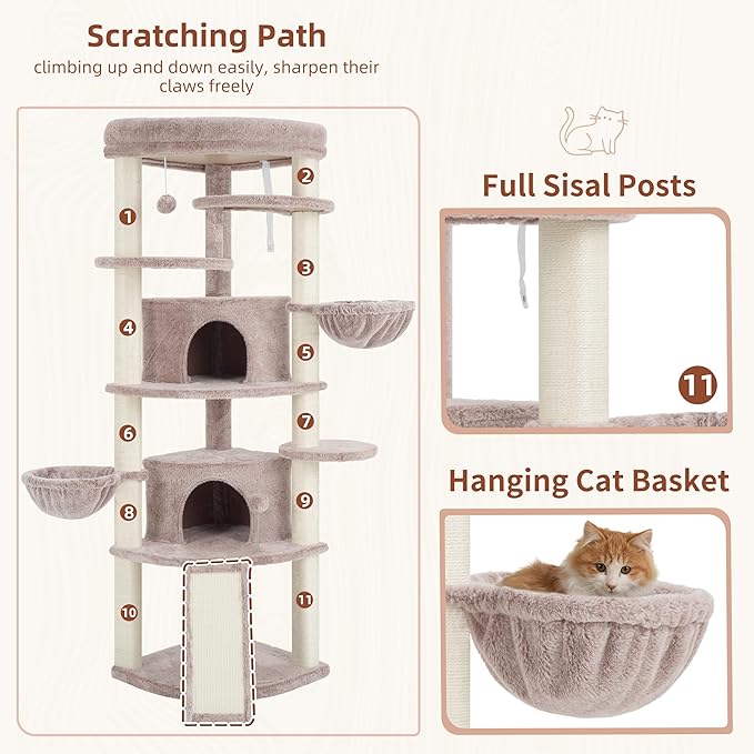 Corner Cat Tree for Indoor Cats, Cat Tower with All Sisal Scratching Posts, Multi-Level Cat Condo wth 2 Large Cat Caves, Big Top Perch, 2 Hanging Baskets, Sisal Ramp, Mushroom GCT035MU
