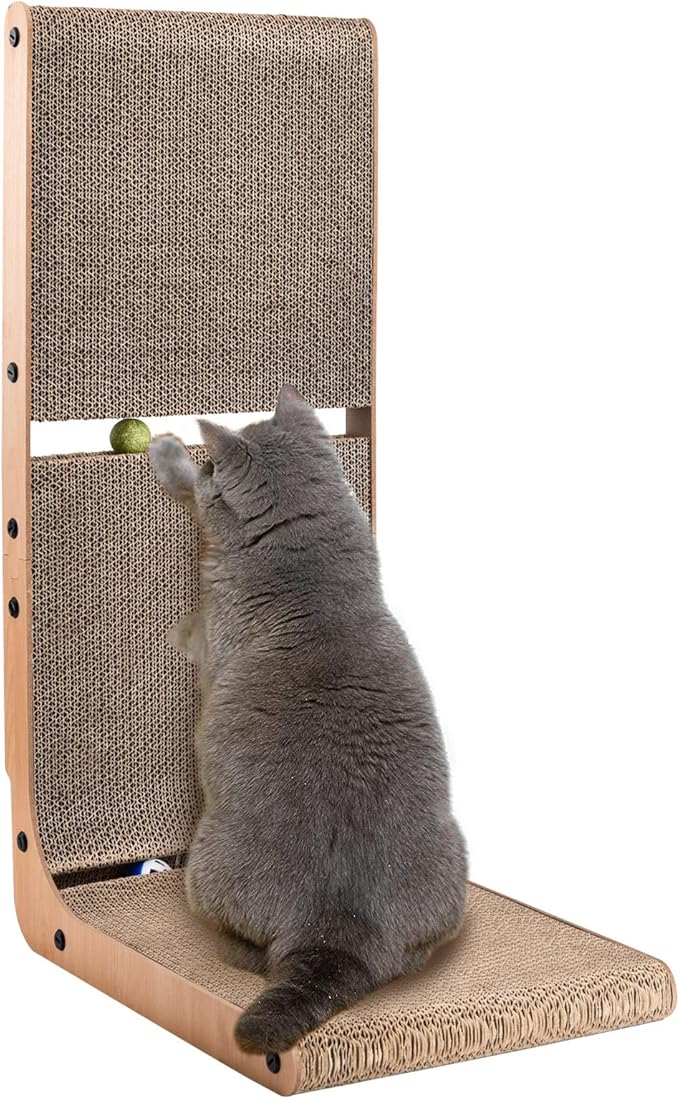 AUSCAT L-Shape Cardboard Cat Scratcher, 27.2 Inch Vertical Cardboard Scratcher for Indoor Cats with 2 Built-in Toy Balls