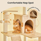 Large Modern Cat Tree - 70 inch Tall Cat Tower for Indoor Cats, Multi-Level Cat Condo with 7 Fully Wrapped Scratching Posts,2 Spacious Perches, Hammock, Cozy Pad & Dangling Balls-Light Brown