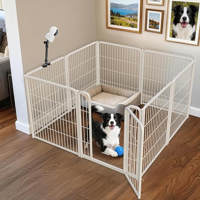 FXW Homeplus Unleashed Indoor Dog Playpen - Stress-Free and Safe Play, Heavy Duty 32 Inch 8 Panels with Playpen Camera Mount for Small and Medium Dogs, White│Patented