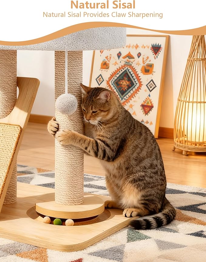 Simcat Cat Tree for Indoor Cats Large Adult, Cat Tower ower with Scratching Board/Post，Cat House with Solid Wood Turntable and Catnip Ball for Play