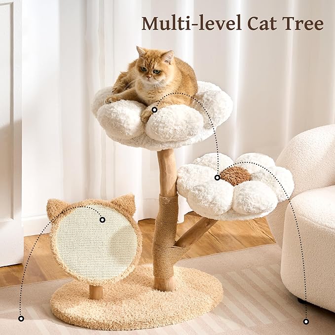 Modern Natural Solid Wood Cat Tree Tower for Indoor Cats Large Adult, 30 inch Flower Cat Tree with Scratching Post, Luxury Aesthetic Cat Tree with Cloud-Soft Flower Perches and Sisal Scratching Pad