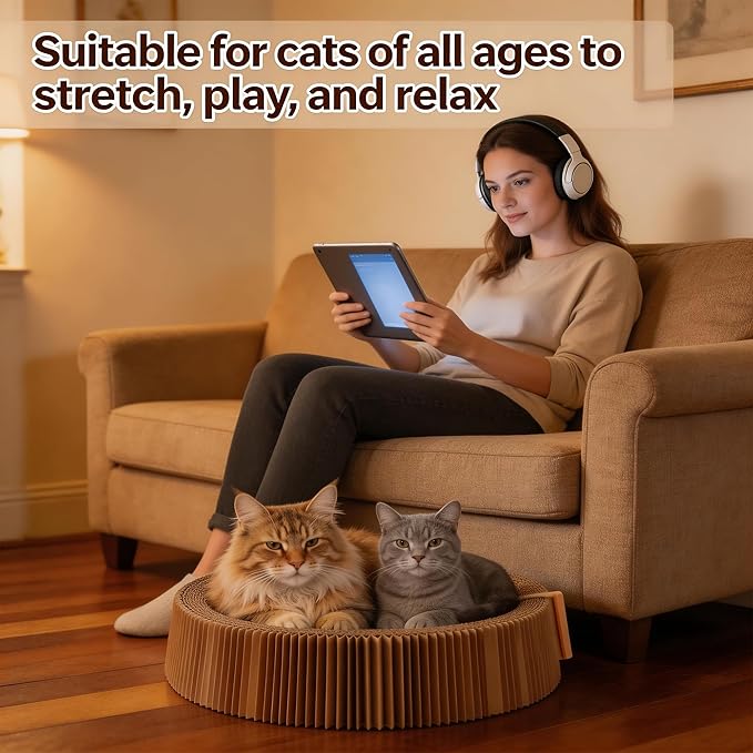 Collapsible Round Cat Scratcher Lounge Bed,Accordion Cardboard Scratching Board for Indoor Large Cats, Kitten Bed & Play Toy,16 inch