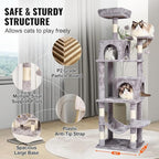 Happybuy Cat Tree for Indoor Cats, 63" Cat Tower with 2 Cat Condos, Sisal Scratching Post, Hammock, Top Perch, Jumping Platforms, Large Cat Furniture Activity Center with Hang Ball, Light Grey