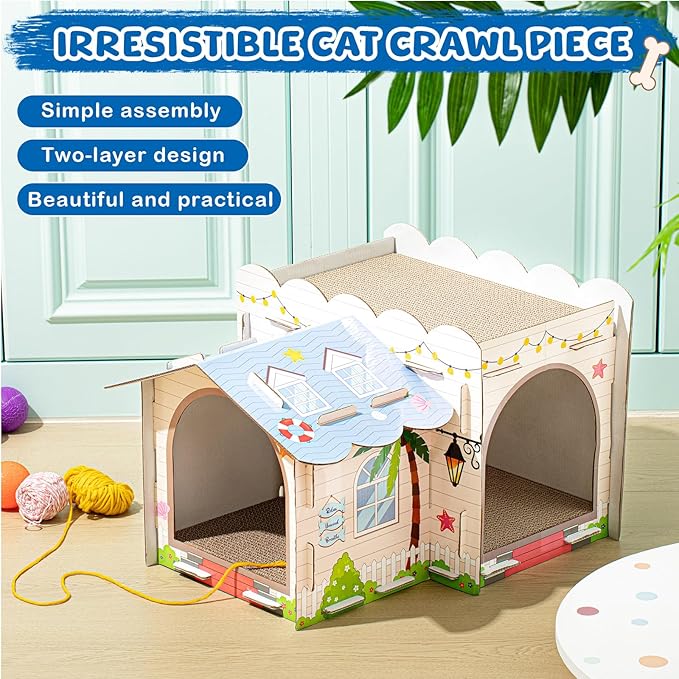 2 Story Cardboard Cat House with Scratcher Pad for Small Kitten,17x12x10 Multi Level Durable Cat Condo & Villa for Bunny Rabbit Small Animals Christmas Birthday Gift(17x12x10,Beach)
