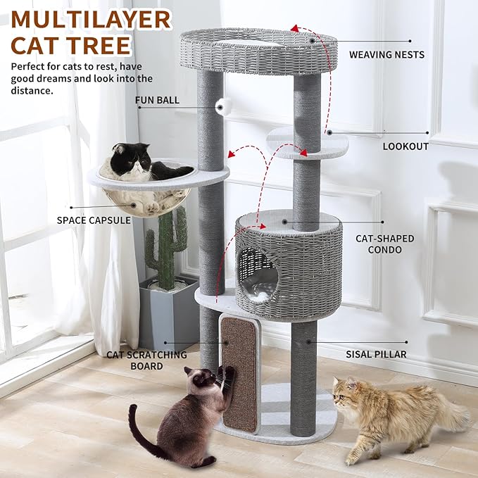 Modern Cat Tree for Indoor Cats, 50'' Multi-Level Cat Tower for Large Adult Cats, Sturdy Heavy Duty Design with 8 Sisal Scratching Posts 1 Board, Semi-Enclosed Condo, Space Capsule Perch