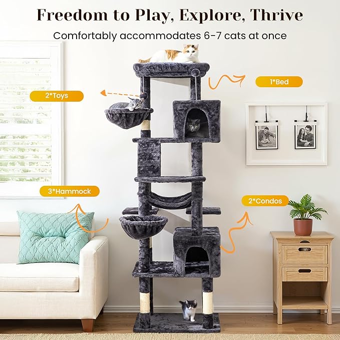 74" Heavy Duty Cat Tree for Indoor Cats, Sturdy Cat Tower for Large Cats Adult, Big Cat Tree with 6 Sisal Scratching Posts, 2 Big Condos, 2 Dual-Ear Hanging Baskets, Enlarged Top Perch, Dark Grey