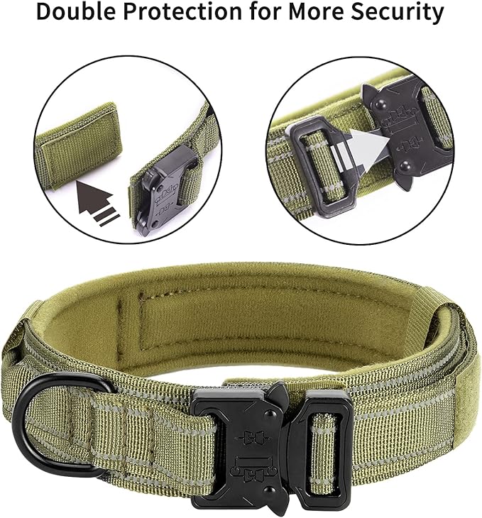 Reflective Tactical Dog Collar Adjustable for Training and Service K9 Dog Collar with Military Nylon Heavy Duty Metal Buckle and Control Handle for Medium and Large Dogs,1.5" Width Green L
