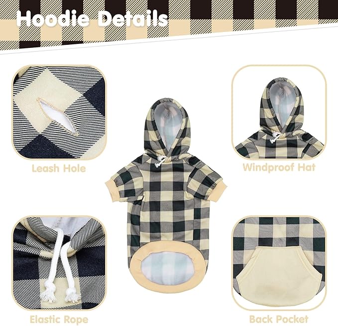 KOOLTAIL Plaid Dog Hoodie Pet Clothes Sweater with Hat and Pocket for Small Medium Large Size Dogs, Soft Winter Warm Dog Cold Weather Coat, Fleece Fall Dog Hooded Sweatshirt for Puppy Cats, Beige S