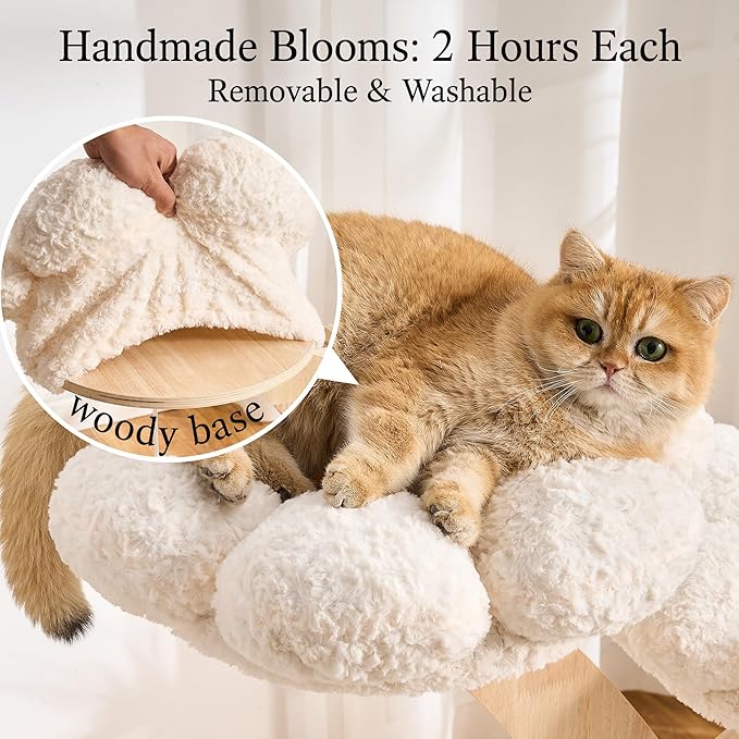 797Audio Flower Cat Tree, 48" Wood Branch Cat Tower, White Cloud Cat Tree with Scratching Post for Indoor Adult Cats, Luxury Cat Tree with Cozy Perches & Interactive Squeaky Hanging Toy