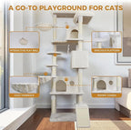 Beige 84in Heavy Duty Cat Tree, Cat Tree Tower for Indoor Cats Large Adult, Extra Cat Tower with 12 Sisal Scratching Post, Large Top Platform, Hammock, Cat Condo for Kittens