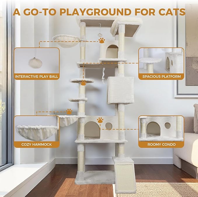 Beige 84in Heavy Duty Cat Tree, Cat Tree Tower for Indoor Cats Large Adult, Extra Cat Tower with 12 Sisal Scratching Post, Large Top Platform, Hammock, Cat Condo for Kittens