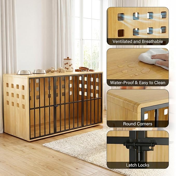 Extra Large Dog Crate Furniture, 47.2 Inches Wooden Dog Crates for Medium & Large, Decorative Kennel Indoor with Lockable Door, Heavy Duty Pet Crate Side Tbale for Living Room, Natural