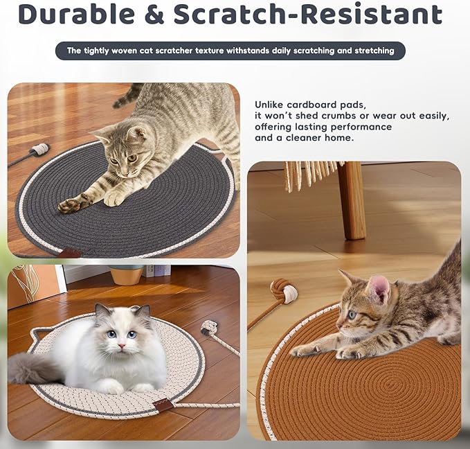 Handmade Woven Cat Scratcher Mat, 16.9"/19.7" Natural Cotton Rope Cat Scratching Pad for Indoor Cats, Non-Slip Flat Scratch Pad, Soft Durable Cat Lounging Mat with Ball Toy (Cream White,19.7 in)