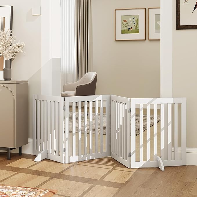 24”H Freestanding Dog Gates for The House, Wooden Pet Gates for Doorways, Extra Wide Dog Gate for Stairs, Support Feet Included, 80 inch Wide 4 Panels, Indoor Use, White