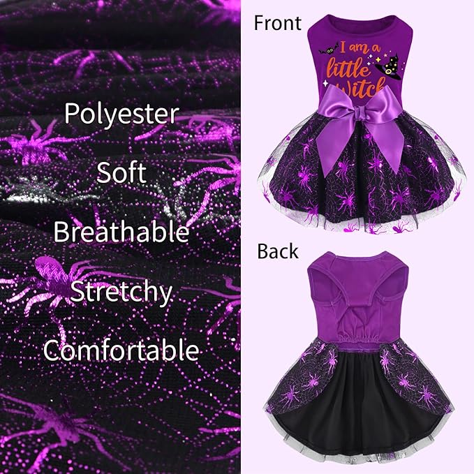 XPUDAC Halloween Dog Dress Witch Tulle Dress Holiday Dog Clothes for Small Dogs Girl, Spider Pet Costume Cat Apparel, Purple-Medium
