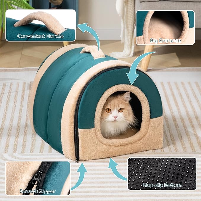 Hollypet Cat Bed Self-Warming 2 in 1 Foldable Kitty Cave Hut House Nest Pet Sleeping Bed, Crystal Velvet Pet Condo for Indoor Cats, Green Arched Cave