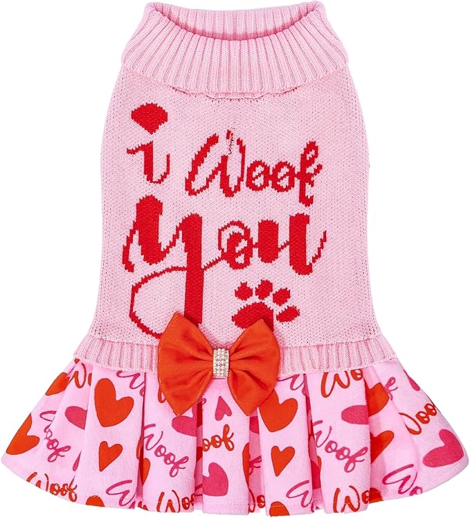 CuteBone Pink Dog Sweater Dress I WOOF You Pet Sweater Sweaters for Medium Large Dogs with Bowtie Pullover Pupply Clothes Cats Clothes for Valentine's Day