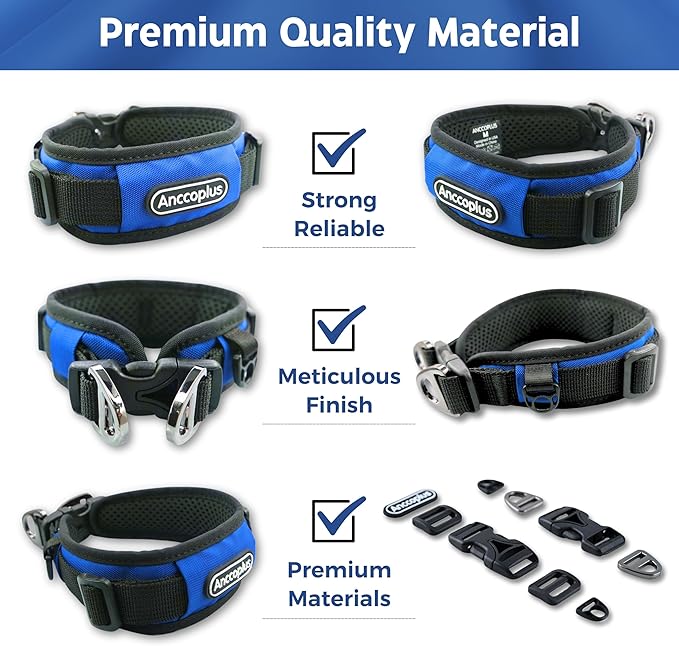 Comfort Fit Dog Collar, Anti-Choke Neck Safe Dog Training Collar, Wide Padded, Breathable, Adjustable with Dual D-Rings, Soft Cushion Neck Protector for Dogs (S, Blue)