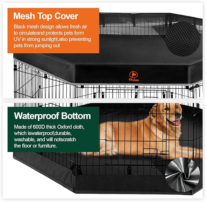 PJYuCien Dog Playpen with Top Cover and Bottom Pad - Metal Foldable Exercise Pen, 8 Panels 24" H x 24" W Indoor Outdoor Pet Fence Puppy Crate Kennel, Black
