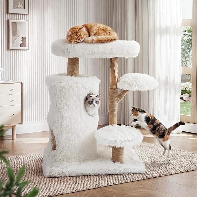 Morden Cat Tree for Indoor Cats, Aesthetic Solid Wood Cat Tree w/Natural Solid Wood Scratching Post, Boho White Cat Condo with 2 Cloud Perches, Platform