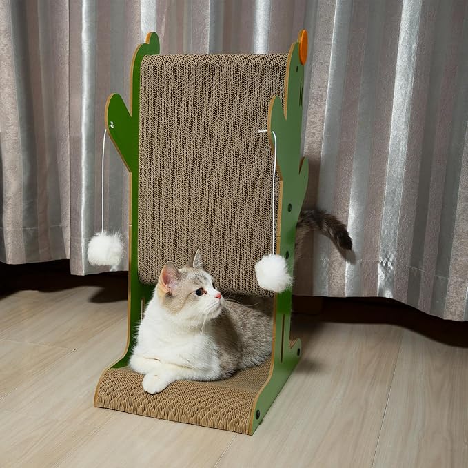 Cat Scratcher, 2-Sided Cat Cardboard Scratcher, T Shaped Vertical Cat Scratcher for Wall and Couch Protection, Cat Scratching Post with 2 Toys for Indoor Cats