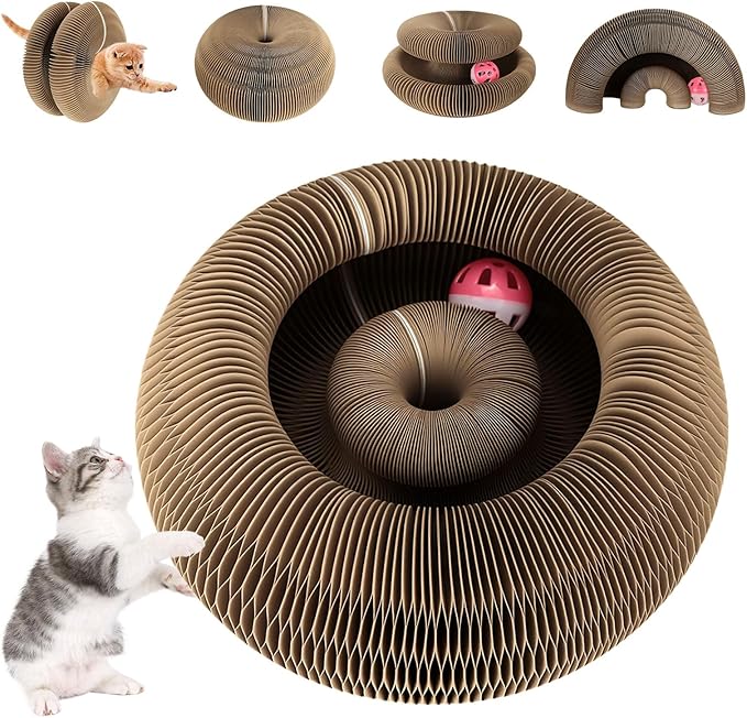 Kitty Curls Cat Toy, Magic Organ Cat Scratching Board with Bell-Ball, Foldable Interactive Marlenes Kitten Curls Cat Scratchers for Indoor Cats