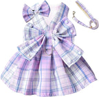 PETCARE Cute Dog Dress Clothes for Small Dogs Cats Girl Female Purple Plaid Bow Tie Dog Harness Dresses Leash Set with Pearls Bow Accessories Birthday Puppy Dress Shih Tzu Yorkies Chihuahua Outfits