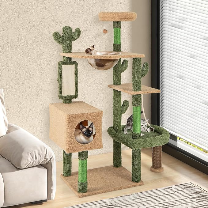 PETSITE 59 inch Cactus Cat Tree Tower, Multi-Level Cat Tower with Sisal Scratching Posts, Board and Rope, Cat Condo, Capsule Bed, Hanging Ball and Self Groomer, Cute Cat Tree for Indoor Cats