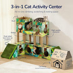 DIY Cardboard Cat House with Scratching Posts, Scratching Board, Multi-Level Cat Tower Playhouse & Tunnel for Kittens & Adult Cats, Recyclable 61.02″ × 36.61″ × 40.2″, Green Forest
