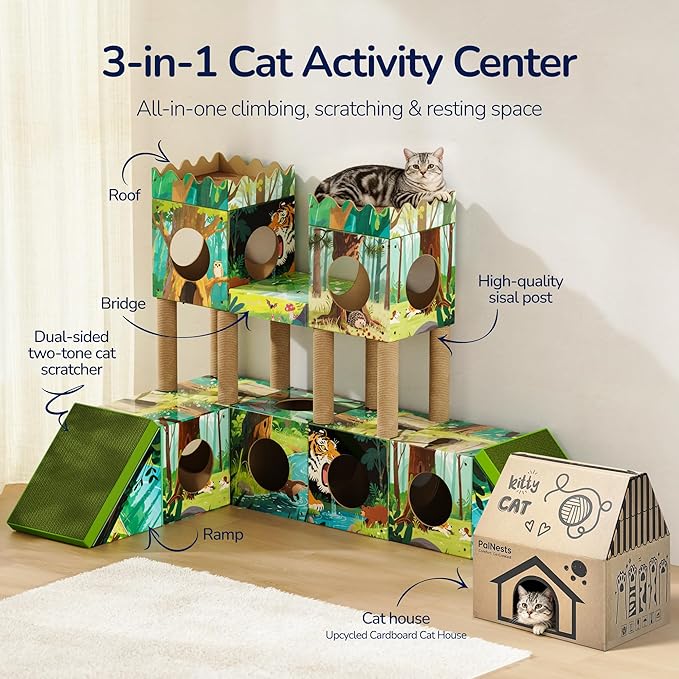 DIY Cardboard Cat House with Scratching Posts, Scratching Board, Multi-Level Cat Tower Playhouse & Tunnel for Kittens & Adult Cats, Recyclable 61.02″ × 36.61″ × 40.2″, Green Forest