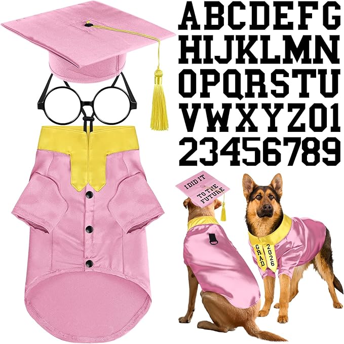 5 Pcs Dog Graduation Costume Set Include 2026 Pet Graduation Gown with Stole Puppy Grad Cap Lensless Glasses DIY Letter Stickers for Dogs Cats Holiday Costume Accessory(Pink Yellow,XXL)
