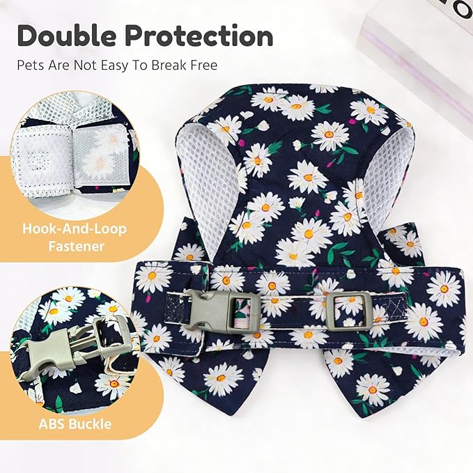 BAEJMJK Dog Harness and Leash Set with Bow Knot No Pull Pet Daisy Floral Harness with D-Ring Soft Mesh Dog Harness Vest Set Escape Proof Princess Puppy Harness for Small Girl Dogs Cats（Navy Blue S）