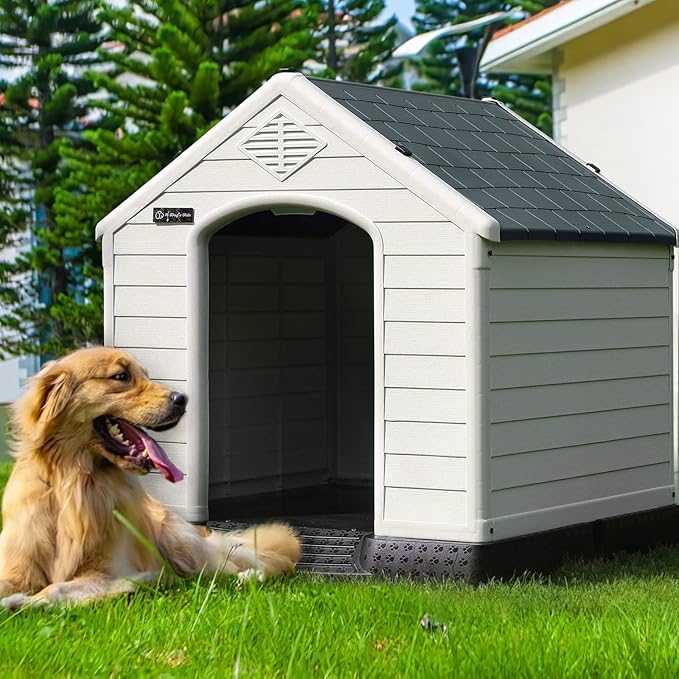 OFIKA Large Dog House Outdoor Indoor,Insulated Plastic Dog House for Small Medium Large Dogs,Durable Waterproof Dog House with Air Vents and Elevated Floor, Ventilate & Easy Clean, Assemble