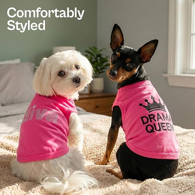 Parisian Pet 2 Pack Dog Shirts – 100% Cotton Pink Shirts for Medium Dogs Girl – Sleeveless Diva and Drama Queen Dog Clothes – Breathable Summer Pet Apparel - Stretchy and Stylish T Shirts for Dogs
