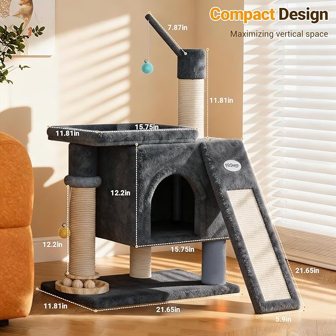 【SteadyCore】 PetDance All-in-1 Cat Tree Tower with Heavy Duty Board, Solid-Wood,Small Cat Tower with Multiple Fun:Interactive Track Ball Toy & Self-Grooming Brush for Indoor Cats,Dark Gray
