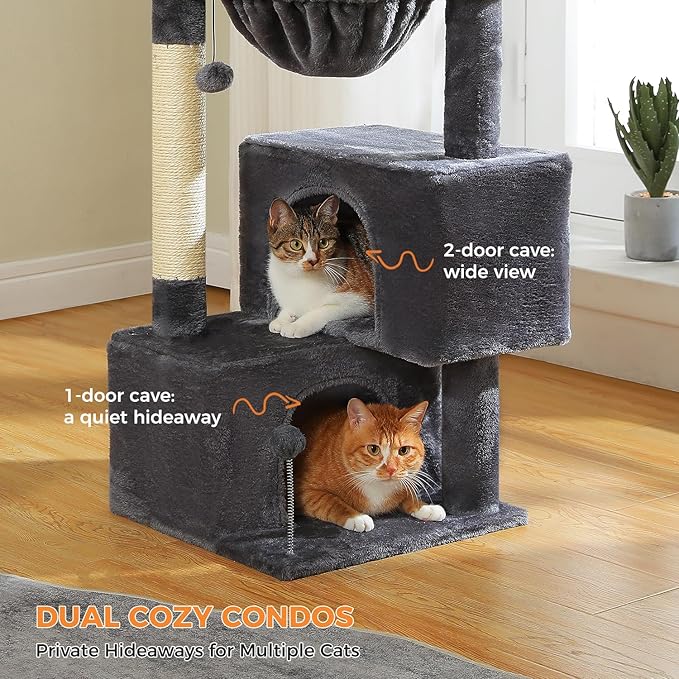 Cat Tree 45" for Indoor Cats, Compact Cat Tower with 2 Condos, Hammock Bed & 5 Hanging Ball Toys, Space-Saving Sturdy Cat Condo Furniture for Kittens & Small-Medium Cats