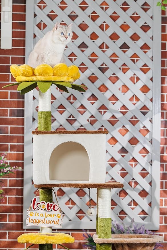 HYABi 62.7 Inch Tall Flower Cat Tree Tower Condo Climbing for Indoor Cats Multi Level with Sisal Scratching Post Hammocks Pet House Play Home Furniture Platform