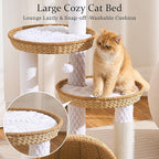 Wood Modern Cat Tree for Indoor Cat, 46" Tall Cat Tower with Scratching Posts, Cat Condo, Aesthetic Multi-Level Cat Climbing Tree with Hand-Woven Bed for Adult Cats-Nature