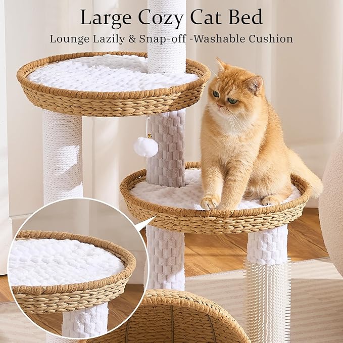 Wood Modern Cat Tree for Indoor Cat, 46" Tall Cat Tower with Scratching Posts, Cat Condo, Aesthetic Multi-Level Cat Climbing Tree with Hand-Woven Bed for Adult Cats-Nature
